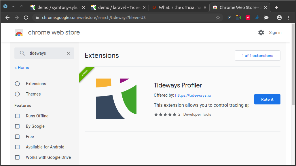 the tideways profiler extension in the chrome web store