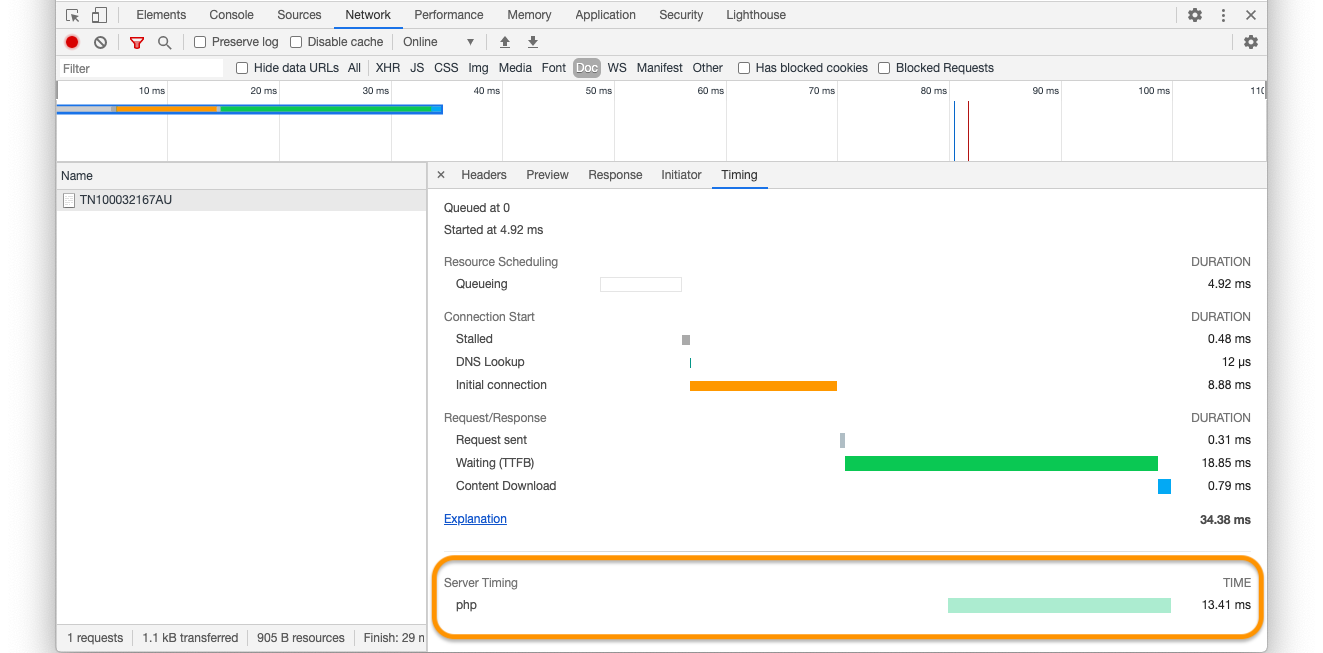 Viewing Server Timing information in the Timings tab of Chrome’s Developer Tools