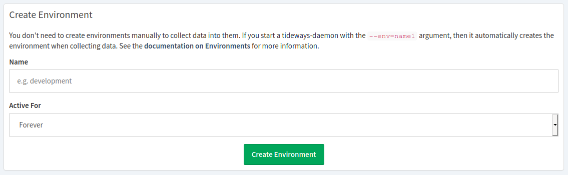 Create an environment in the Tideways UI