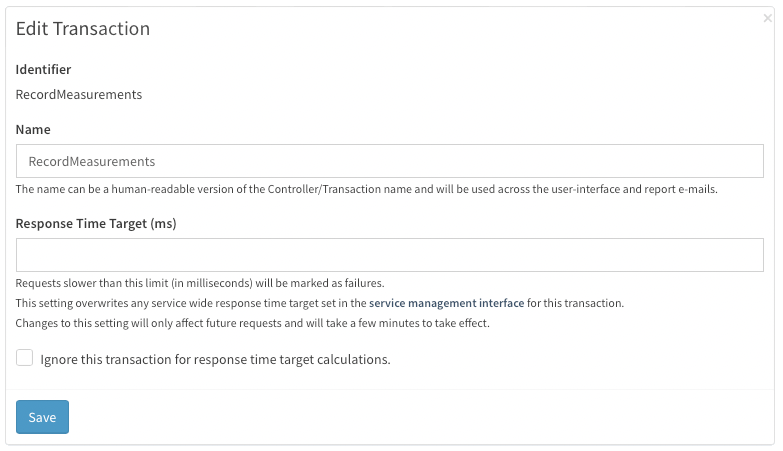 Configure the response time target for a transaction