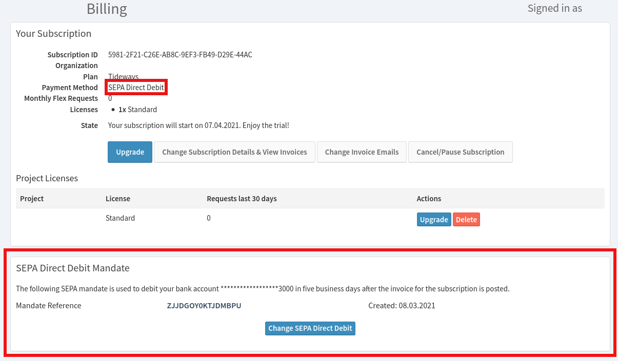 Update SEPA Direct Debit information and mandate