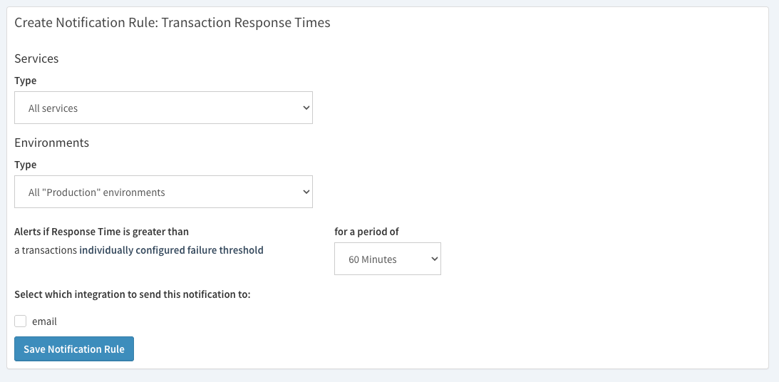 Create Transaction Response Time Notification Rule Form