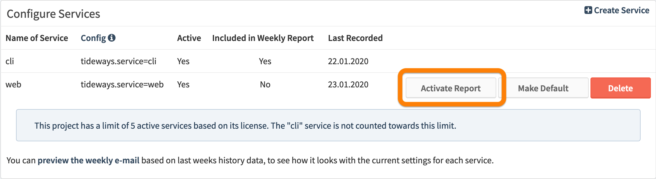 Configure weekly reports for individual services